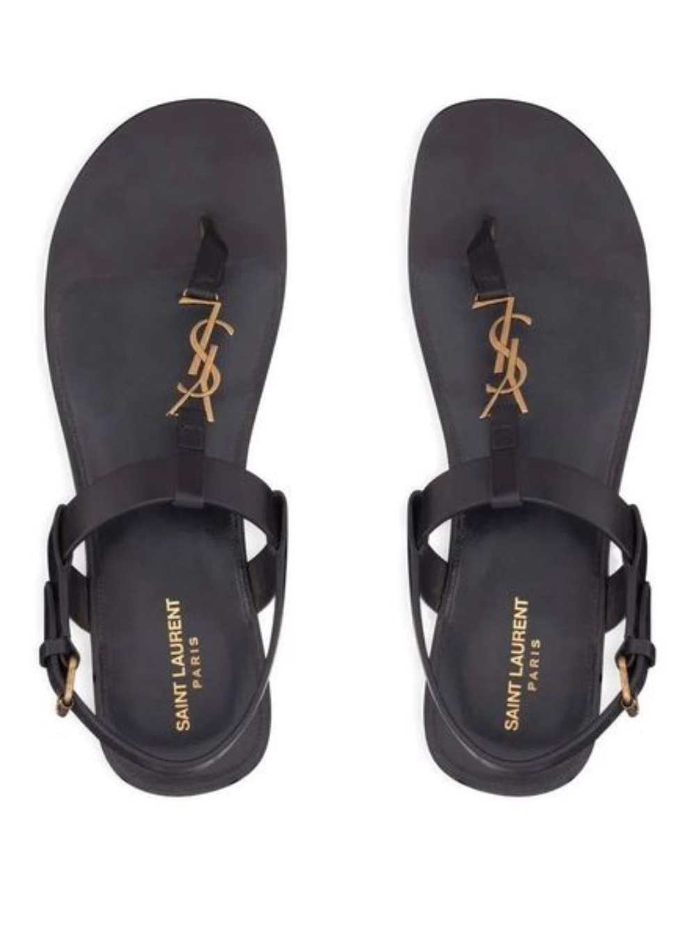 Mens Saint Laurent Black Leather Toe-Ring Sandals with Gold YSL Logo